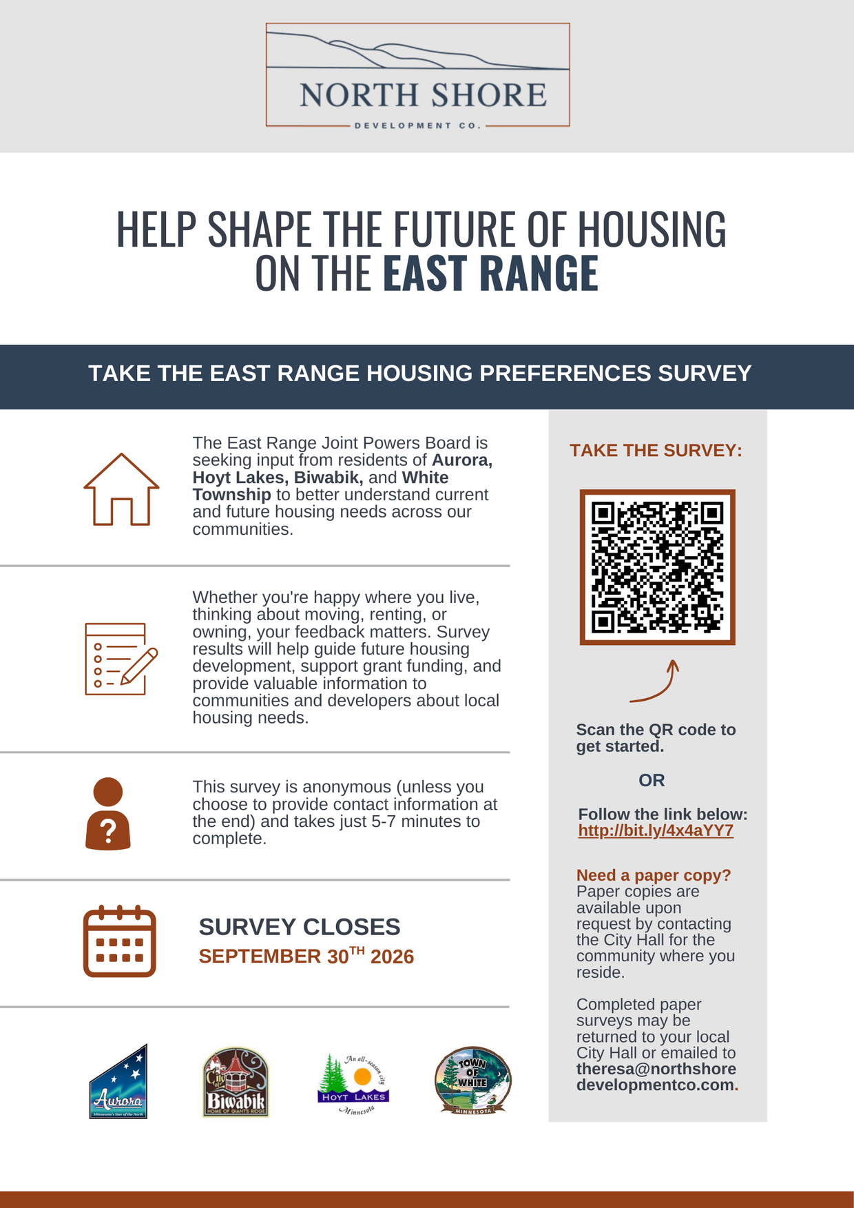 Help shape the future of housing on the East Range. Take the East Range Housing Preferences Survey. The survey closes September 30, 2026.